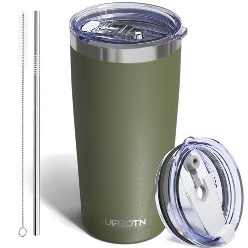 UIRZOTN Travel Coffee Tumbler 20oz, Leakproof Travel Coffee Mug with Dual Lids and Straw, Stainless Steel Double Wall Vacuum Insulated Tumbler for Hot/Iced Drinks (Army Green, Textured Matte)