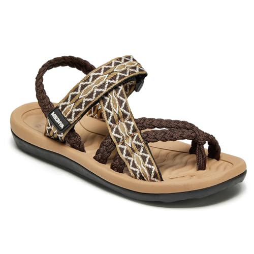 MEGNYA Comfortable Arch Support Summer Standing Working Hiking Sandals for Women, Outdoor Flat Feet Shopping Hang Out Walking Shoes with Waterproof Handmade Straps Brown Size 6.5