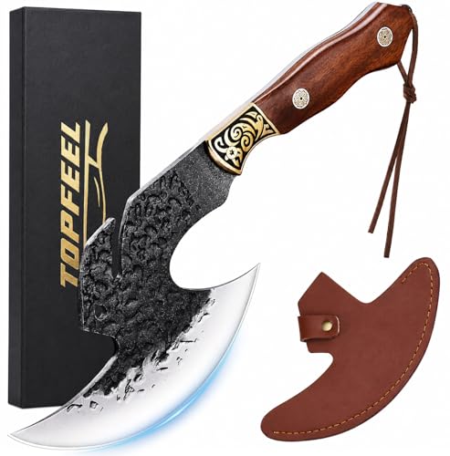 Topfeel Hand Forged Viking Knife 6.2" Meat Cleaver with Sheath, Chinese Kitchen Axe Boning Knife for Meat Cutting, High Carbon Steel Butcher Knife Home Outdoor BBQ Camping Birthday Gifts for Men Dad