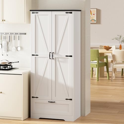 Shintenchi Kitchen Pantry Cabinet, Freestanding Farmhouse Storage Cabinet with 4 Shelves and 1 Drawer, Tall Cupboard for Kitchen, Living Room, Dining Room and Bathroom, White