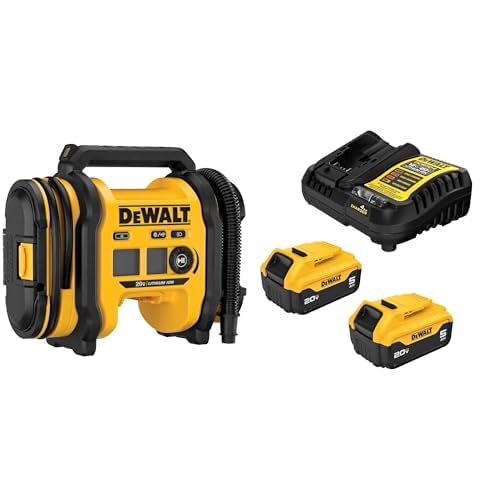 Bundle of DEWALT Tire Inflator Portable Air Compressor 20V MAX, Air Pump, Tool Only (DCC020IB) + DEWALT 20V MAX Lithium-Ion Battery 2-Pack and Charger, 5.0 Ah, Battery Kit (DCB205-2c)