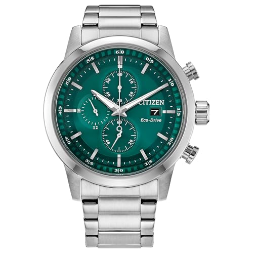 Citizen Men's Eco-Drive Sport Casual Watch, Silver-Tone Stainless Steel Bracelet, Green Dial, Chronograph, Date (Model: CA0748-80X)