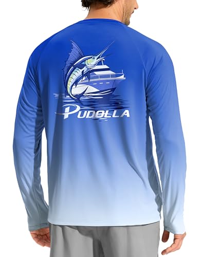 Pudolla Men's Sun Protection Long Sleeve Shirts UPF 50+ Fishing Swim Shirts Lightweight Quick Dry Rash Guard Hiking Shirts(Gradient Blue/Fish Medium)