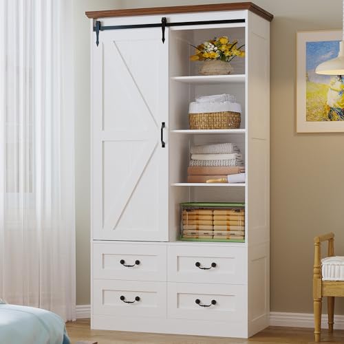 IRONCK Armoire Wardrobe Closet with 4 Drawers,71" Wardrobe Cabinet with Sliding Barn Doors, Tall Clothing Storage Cabinet with Hanging Rod and Shelves for Bedroom, White