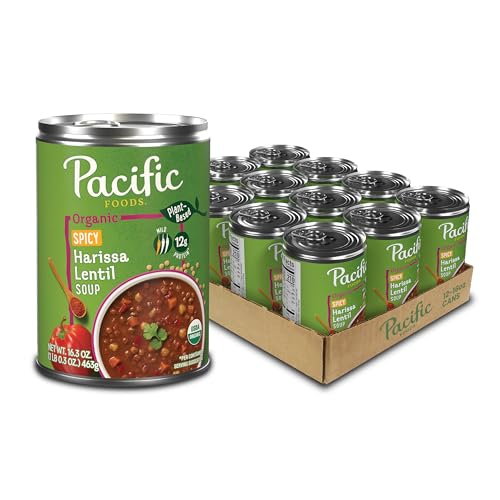 Pacific Foods Organic Spicy Harissa Lentil Soup, Plant Based, 16.3 oz Can (Pack of 12)