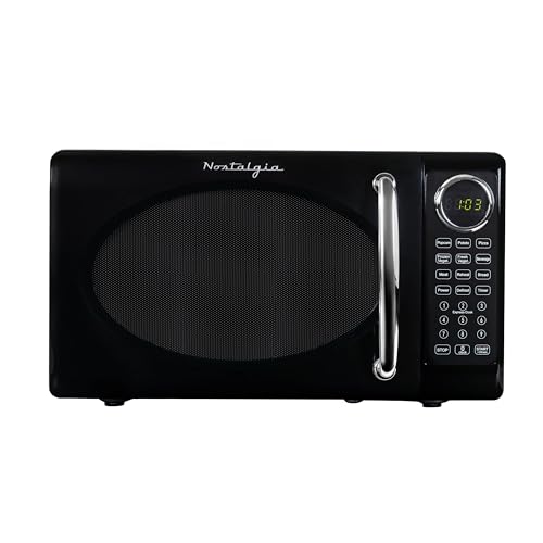 Nostalgia Retro Microwave Oven - 0.7 Cu Ft, 700-Watt Countertop Size with Glass Turntable, Child Safety Lock, 8 Auto-Cook Programs, Digital Clock - Black
