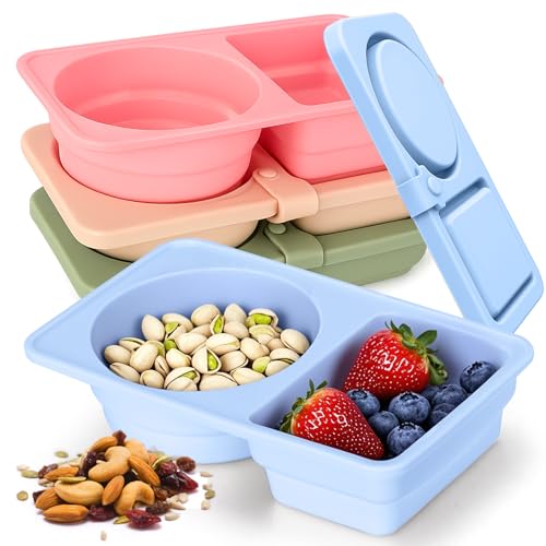 Mity rain Silicone Reusable Snack Containers with Lids, Double Compartment Snackle Box for Sauce, Condiments, Snack, Portable Mini Food Storage Container for Travel, Office, Picnic 4 Pack