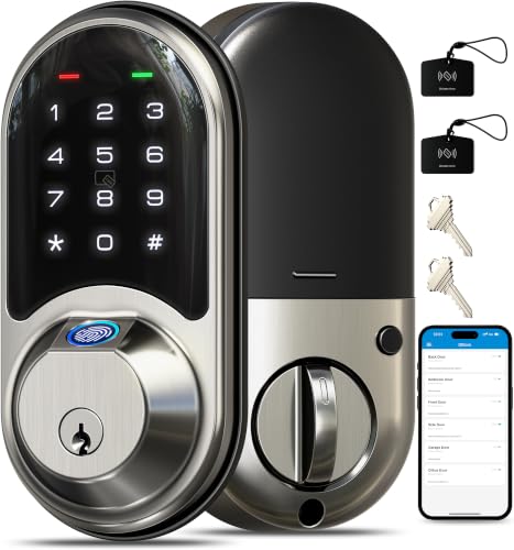 Veise RZ07 Fingerprint Smart Lock, 7-in-1 Smart Locks for Front Door, Keyless Entry Door Lock with App Control & Auto-Lock, Biometric Electronic Touchscreen Keypad Deadbolt, Satin Nickel