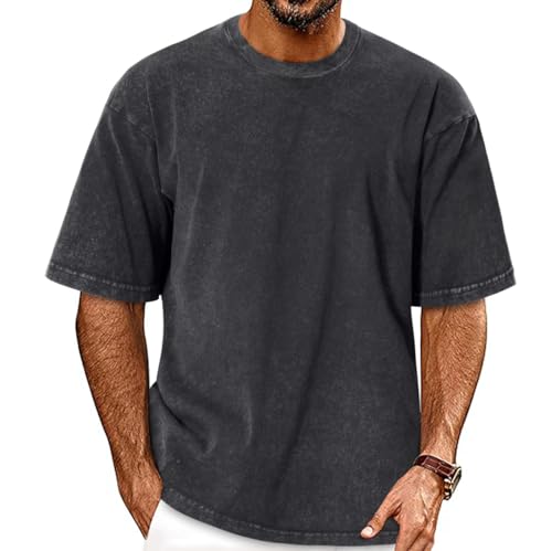 Oversized Tshirts for Men Short Sleeve Vintage Washed Basic Loose Tees, Solid Black, L