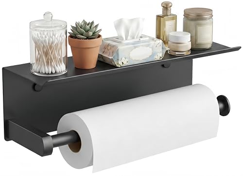 FORIOUS Paper Towel Holder with Shelf, SUS304 Stainless Steel Paper Towel Holder with Storage Shelf, Wall Mount Screw Paper Roll Organizer Commercial Paper Hand Towel Dispensers, Mattle Black