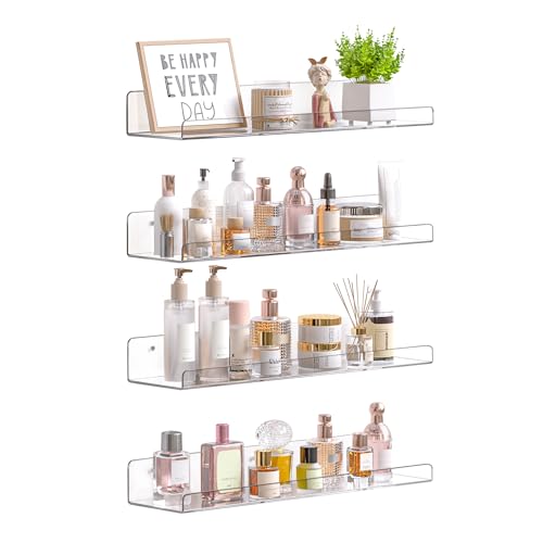 upsimples Acrylic Shelves for Bathroom Storage, 15" Floating Shelves Wall Organizer for Perfume, Make up, Skincare, Kids Bookshelf for Bedroom, Nursery, Living Room Decor, Clear, 4 Pack