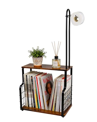 Bathroom Toilet Paper Holder with Storage Shelf, Wall Mount Toilet Paper Holder Stand with Metal Basket, Bathroom Tissue Storage Organizer for Rolls, Magazines， Phone & Shower Essentials