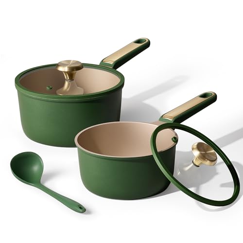 CAROTE 2QT & 2.5QT Sauce Pan Sets with Lid & Ladle Cooking Pots Nonstick Saucepans Cookware Set Small Kitchen Pot, Induction Comptable, Easy to Clean, PFOA FREE (Green)