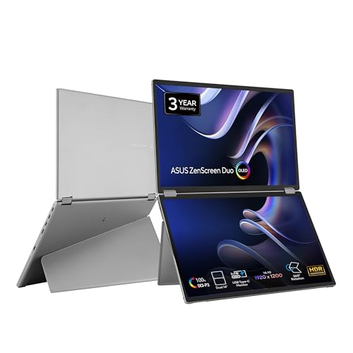 ASUS ZenScreen Duo OLED 360° Foldable Portable Monitor (MQ149CD) - Dual 14-inch, 16:10, 1920x1200, DisplayHDR400 True Black, 100% DCI-P3, Delta<2, Dual USB-C, Mini-HDMI, Kickstand, 3 yr Warranty