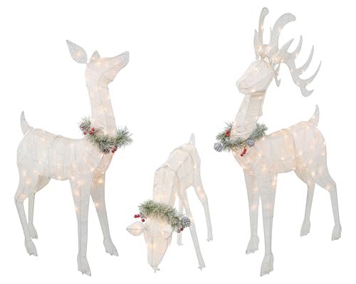 3-Piece Lighted Deer Family with Garland - 210 UL Lights - Outdoor Christmas Yard Decoration, White 52" Buck, 44" Doe, 28" Fawn