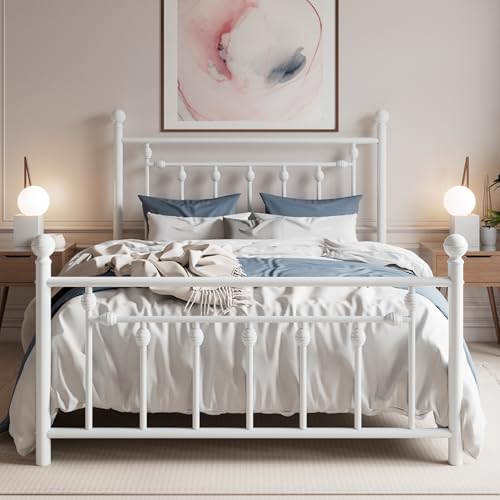 SHA CERLIN 14" Full Size Metal Platform Bed Frame/Victorian Headboard and Footboard/Steel Slats Mattress Foundation for Storage/No Box Spring Needed/Noise Free/White