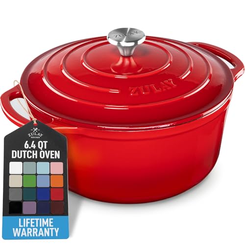 Zulay Kitchen 6.4QT Enameled Cast Iron Dutch Oven Pot with Lid, Heavy-Duty Soup Pot for Stews, Braising, Roasting & Sourdough Bread Baking, Oven Safe up to 500°F - Ablaze Red