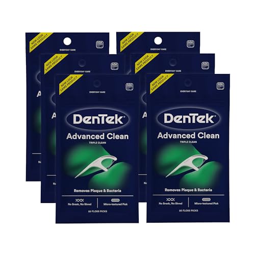 DenTek Advanced Clean Floss Picks with No Break & No Shred Dental Floss, Plaque Remover, 20 Count, Pack of 6