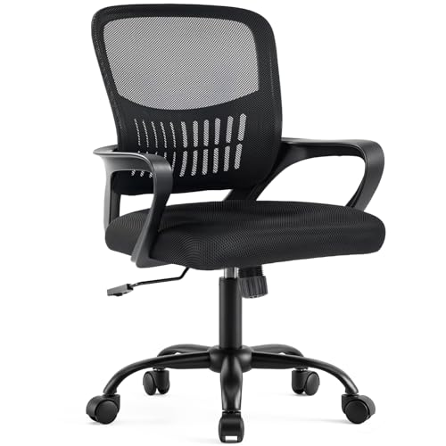 DUMOS Home Office Desk Chair - Ergonomic Mid Back with Lumbar Support & Rocking Mode, Height Adjustable with Fixed Armrest, for Conference, Computer, Meeting Room, 360° Swivel, Adults, Black