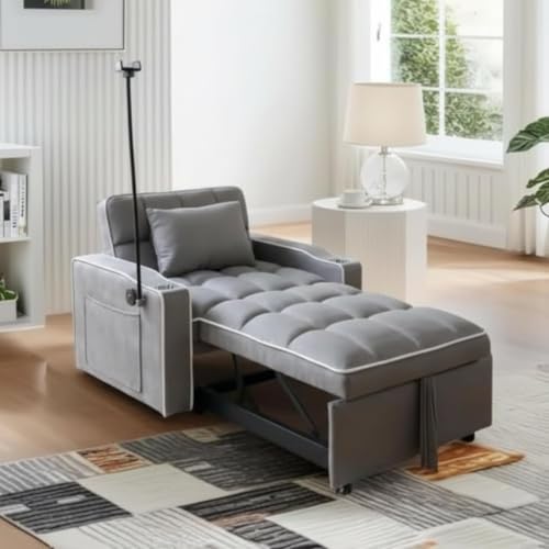 Trygoal Convertible Sleeper Chair, Pull Out Chair Sleeper with Bracket and Cup Holder, Chairs Bed Sleepers for Adults, 3 in 1 Sofa Bed Chairs for Small Spaces, Living Room, Gray