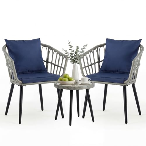 NEWBULIG 3 Piece Patio Bistro Set, Outdoor Wicker Furniture with Adjustable Feet, Rattan Balcony Table & Chairs Set of 2 for Porch, Backyard, Deck, Grey