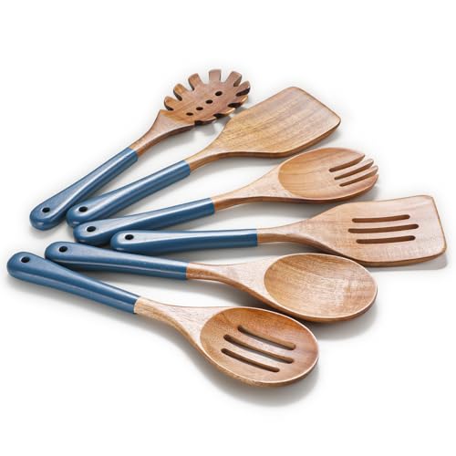ROSOS Wooden Spoons For Cooking, 6 PCS Natural Acacia Wooden Cooking Utensils, Non-Stick Wood Kitchen Utensil Set for Kitchen Essentials, Smooth Grip Wood Cooking Spoons with Hanging Hole, Blue