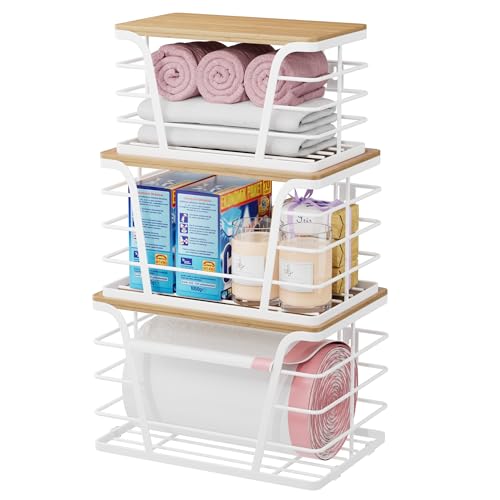 TIDIIABODE 3 Pack Trash Bag Holder Dispenser,Kitchen Organization and Storage, Stackable Storage Bins with Lids, White