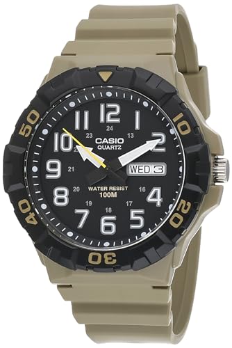 Casio MRW210H Series | Men's Analog Watch | Beige/Black | Sporty Design | 100 Meter Water Resistance | Date Display | Rotary Bezel | Regular Time Keeping (HR, Min, SEC, PM, Date, Day) | 3 Year Battery