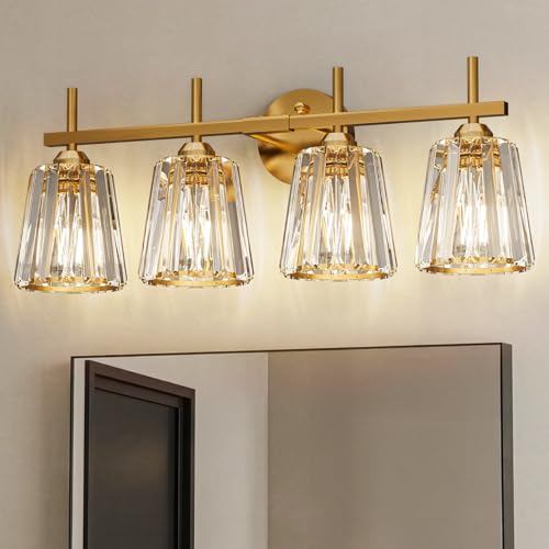 KernLite Crystal Bathroom Light Fixtures Over Mirror, Gold 4-Light Bathroom Vanity Lights Over Mirror Modern Wall Lighting Sconces with Ceramic E26 Base (Bulbs Not Include)