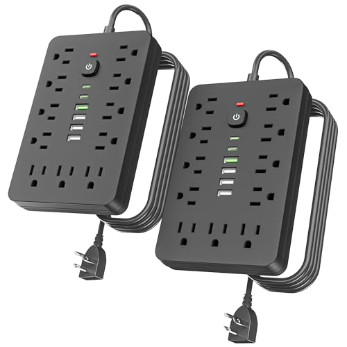JouleLoom 2PCS 6 FT Flat Plug Power Strip,11 Multiple AC Outlets with 6 USB Ports (2 USB C), 6 Feet Extension Cord, 1250W/10A, One Touch Switch Button, 17 in 1 Compact powerstrip