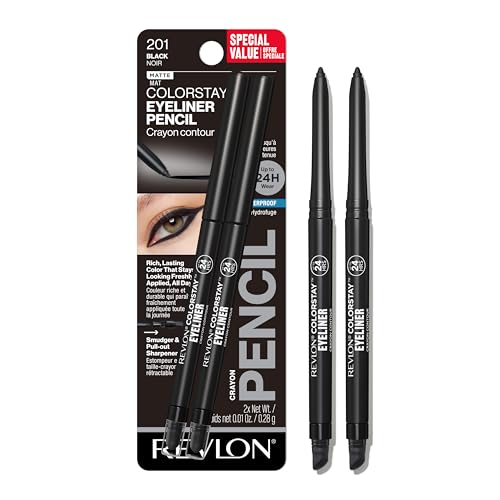 Revlon ColorStay Pencil Waterproof Eyeliner, Smudge-Proof, Eye Makeup with Built-In Sharpener, Long-Lasting, Matte Finish, 201 Black, 2 pack