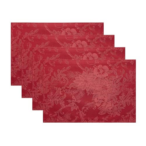 Elrene Home Fashions Poinsettia Elegance Jacquard Christmas/Holiday Rectangle Dining Placemat, Set of 4, 13"x19", Red