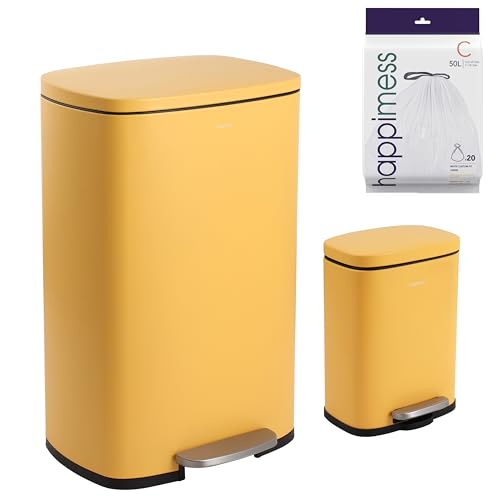 happimess HPM1006L Connor Rectangular 13-Gallon Trash Can with Soft-Close Lid and Free Mini Trash Can, Fingerprint Resistant, Modern, Minimalistic for Home, Kitchen, Office, Bathroom, Daffodil Yellow