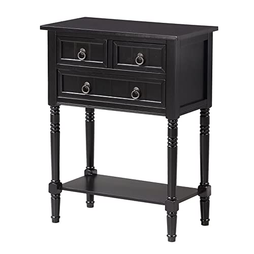 Convenience Concepts Kendra Entryway Hall Table 23.75" - 3 Storage Drawers, Traditional Console with Shelf for Decor, Office & Hallway Organizer, No Tools Assembly, Solid Wood Legs, Black