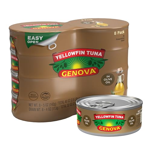 Genova Premium Yellowfin Tuna in Olive Oil, 5 Ounce Cans, 8-Pack – Nutrient Rich, High Protein Canned Tuna Fish - Delicious, Easy, Nutritious Ready to Eat Meals