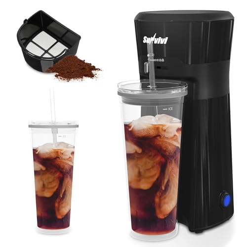 SUNVIVI 20 Oz Iced Coffee Maker for Ground Coffee, Cold Brew Tea Maker with Reusable Coffee Filter and Insulated Pitcher, Single Serve Machine for Home, Strength Control for Flavor, Black