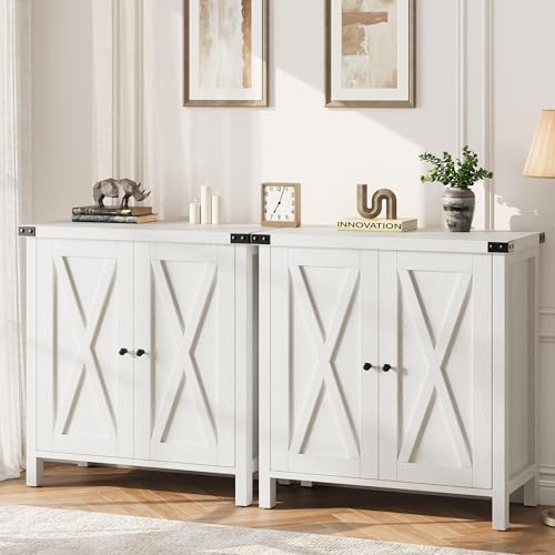 GarveeHome Small Storage Cabinet, Farmhouse Sideboard Buffet Cabinet with 2 Doors and Adjustable Shelves, Accent Entryway Console Cabinets for Living Room, Dining Room (White, 2 Pieces)