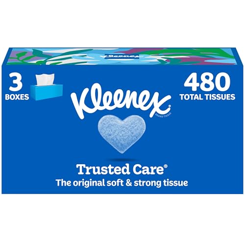 Kleenex Trusted Care Facial Tissues, 3 Flat Boxes, 160 Tissues per Box, 2-Ply (480 Total), Packaging May Vary