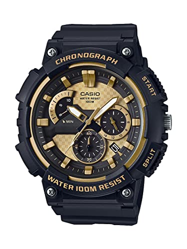 Casio MCW200H Series | Men’s Analog Watch | Black/Gold | 100M WR | Retrograde Chronograph | 1 Second Stopwatch | Date Display | Multi Dial | Resin Glass | Resin Case | Resin Band | 3 Year Battery