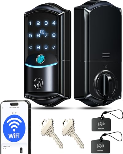 Veise VE027 Built-in Wi-Fi Smart Lock, Fingerprint Keyless Entry Front Door Lock, App Remote & Voice Control, No Hub Needed, Touchscreen Keypad Deadbolt, IP65 Waterproof, Easy to Install, Matte Black
