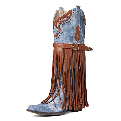 SaraIris Women's Western Boots Mid Calf Boots Buckle Strap Cowgirl Boots Chunky Heel Fashion Pointed Toe Knee High Embroidered Boots Pull On Fringe Boots for Women