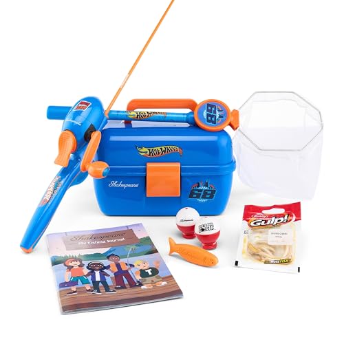 Shakespeare Mattel Hot Wheels Kids Fishing Set, 2’6” Kids Fishing Rod and Reel Combo, Comes with Net and Tackle Box, Complete Kit with Bobbers and Bait