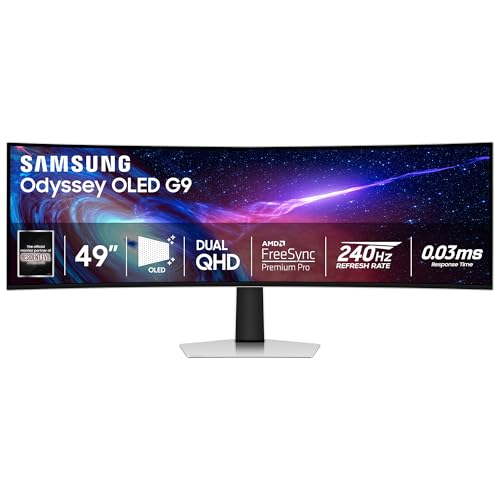Samsung 49" Odyssey G93SC Series Curved Gaming Monitor, QD-OLED, 240Hz, 0.03ms, DQHD, G-Sync Compatible, FreeSync Premium Pro, Adjustable Stand