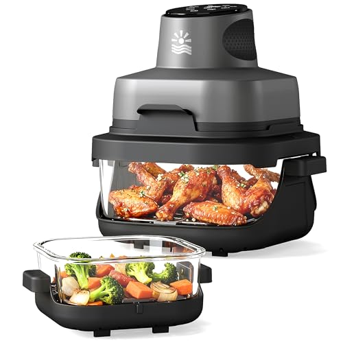 Oylus 4-in-1 Portable Glass Air Fryer - 1500W, 400°F Precise Heat, 4.2QT & 1.6QT Dual Glass Containers and Lids, Non-Toxic, Max Crisp/Bake/Air Fry/Recrisp,Microwave, Freezer & Dishwasher Safe