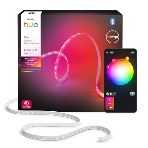 Hue Flux 10-Feet LED Strip Light, 1200 lm, Vibrant Color and Ambiance, Flexible Indoor Lighting, Chromasync™ Color Blending, RGBWWIC, Cuttable, Extendable, Reusable, App and Voice Control
