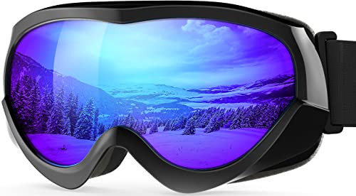 OutdoorMaster Kids Ski Goggles, Snow Goggles for Boys & Girls with 100% UV Protection (Black Frame + VLT 15% Grey Lens with Full REVO Blue)