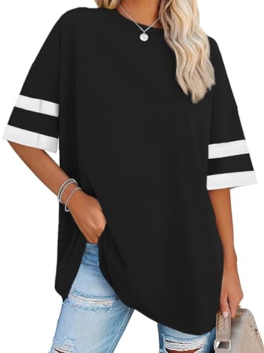 Oversized Tshirts for Women Summer Round Neck Striped Loose Tee Tops, Pure Black, M