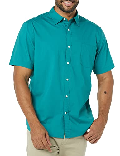 Amazon Essentials Men's Short Sleeve Dress Shirt with Stretch, Charcoal White Vertical Stripe (Available in Big & Tall), Teal Blue, X-Small