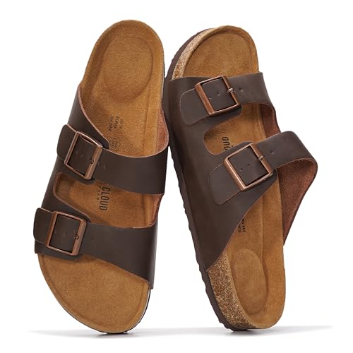 Project Cloud 100% Genuine Leather Mens Sandals - Memory Foam Insole & Cork Footbed Slides for Men Footwear - Non-Slip Summer Sandals for Men & Lightweight Mens Slides (Heritage, BRWNLEA,8.5)