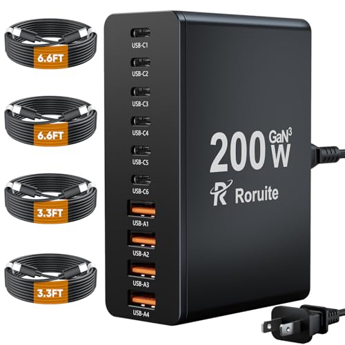 USB C Charging Station 10 Port with 4 Cables,200W GaN Type C Charger Block,Wall Charger Power Strip Adapter Plug for iPad iPhone17 16 15 14 13 12 Pro Max Pixel Note Galaxy